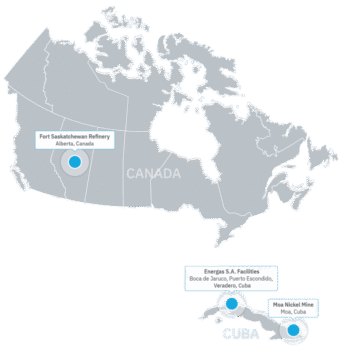 Sherritt operates multiple facilities in Cuba’s mining and energy sectors. Ore from Cuban mines also feeds its Alberta refinery. | Sherritt International