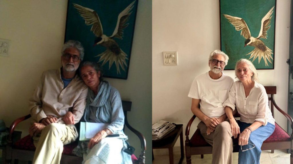 The two images of Gautam Navlakha and Sahba Hussain. The left was clicked before Navlakha’s arrest in 2020. The right, a few days ago in 2026. Photos: Mekhala Saran.