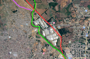 Image of the Dajabon border area. The red line is the Dominican border, the purple the projected canal.