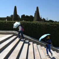 Visitors shield themself from the sun with umbrellas as they walk in the garden of the Palace of Versailles, outside Paris, during intense heat on Monday, June 22, 2026. (AP Photo/Thibault Camus)
