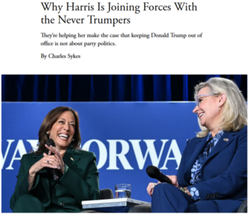 For the Atlantic (10/22/24), Kamala Harris campaigning with Liz Cheney was not at attempt to convert Democrats to neo-conservatism, but to persuade Republicans ” to make a decision that might feel like a betrayal but is in fact an act of loyalty to country above all.”