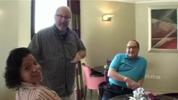 In a home video, New York Times Jerusalem bureau chief Jodi Rudoren jokingly introduces the ADL’s Abe Foxman (right) as “my personal defamation protector” (Mondoweiss, 8/7/14).