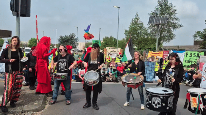 Protests outside Lakenheath base in April 2025. [Source: freedomnews.org]
