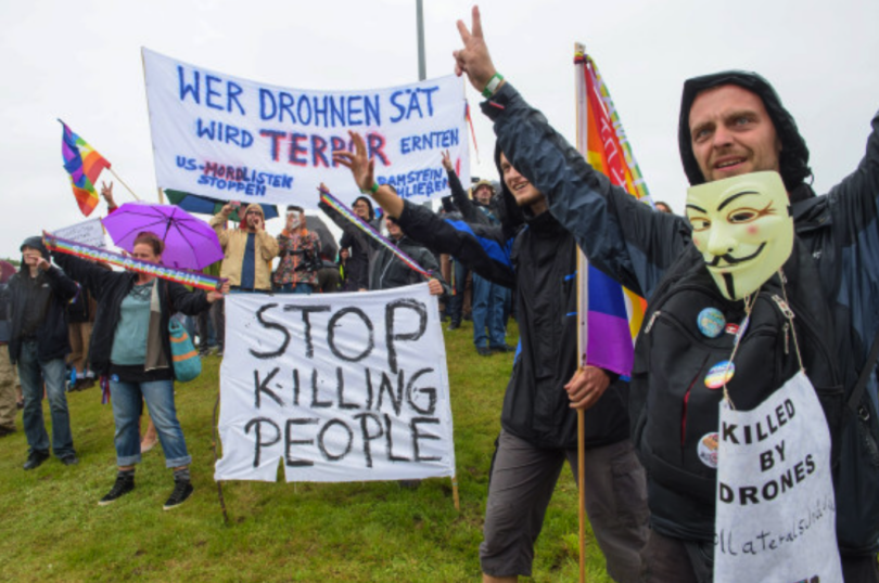 Protesters outside Ramstein Air Base in Germany. [Source: nbcnews.com]