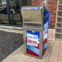 Ahead of the May 2024 primary, a drop box for mail-in ballots sits outside the Shelby County Courthouse Annex in Shelbyville, Kentucky. (Photo by McKenna Horsley/Kentucky Lantern)