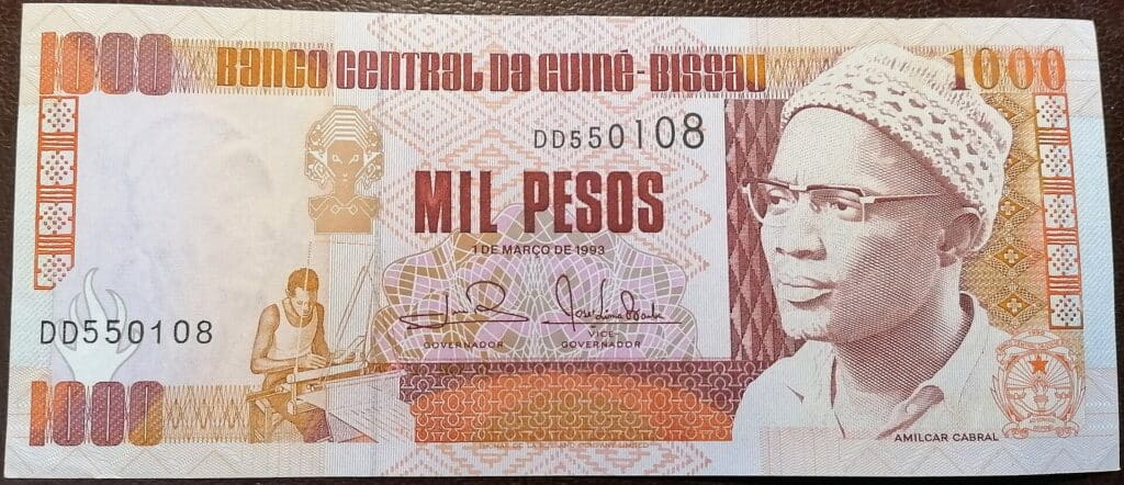 A 1993 banknote of Guinea-Bissau, with an image of Amílcar Cabral on the right-hand side.