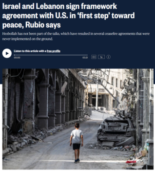 “The latest conflict began when Hezbollah fired rockets into Israel,” writes AP (via NBC, 6/26/26), “days after Israel and the U.S. launched their war on Iran on February 28,” whereupon “Israel invaded Lebanon.” Israel has actually been occupying part of Lebanon since 1967, and grabbed another chunk of territory in 2024.
