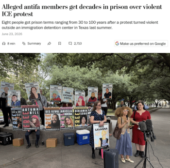 The Washington Post‘s (6/23/26) headline, in contrast, highlighted what the Trump administration wanted the public to believe: that the protesters were “antifa” and “violent.”