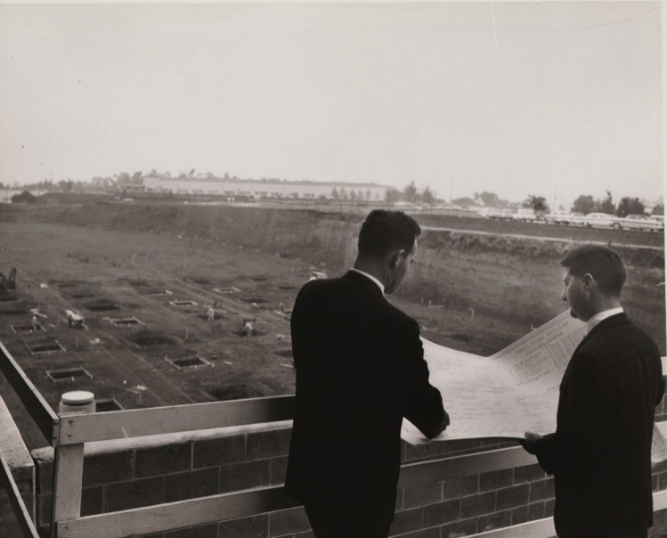 William Hewlett and David Packard survey construction of the Hewlett-Packard facilities at Stanford’s Industrial Park (now called Stanford Research Park) in 1957. The company founders were both students of Fred Terman, a Stanford engineering professor who conceived of the industrial park in the wake of World War II and is considered one of the founding fathers of Silicon Valley. Hewlett-Packard Company Archives