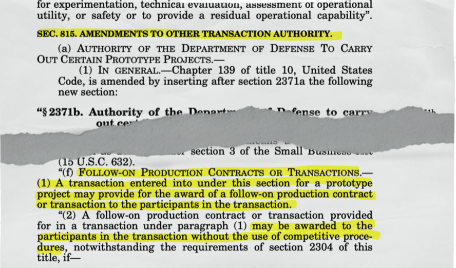 The text of an amendment to the 2016 National Defense Authorization Act is fewer than 150 words but it encouraged the growth in the use of Other Transactions Authority agreements at the Defense Department, which totals more than $100 billion since 2016.