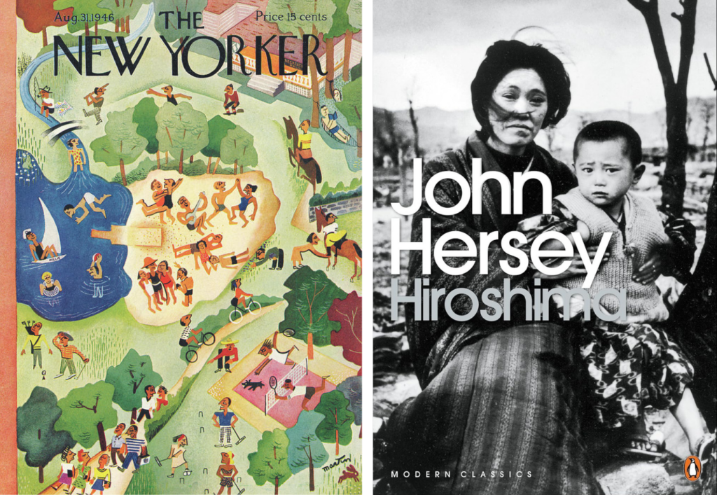 On August 31, 1946, The New Yorker published John Hersey’s “Hiroshima,” a novelistic account that tells the stories of six survivors of the atomic bomb that was dropped a year earlier on Hiroshima on August 6, 1945. The 30,000-word article, which took up the entire magazine issue, had been prepared in secret and published behind an illustrated cover of a park scene (left) to evade wartime restrictions on news coverage from Occupied Japan. In their cover note, editors warned the readers: “The New Yorker this week devotes its entire editorial space to an article on the almost complete obliteration of a city by one atomic bomb, and what happened to the people of that city.” The article became an immediate publishing sensation and classic of literary journalism, being continuously reprinted and serialized all over the world ever since (right). Never out of print, Hersey’s essay remains the first and most influential account of nuclear holocaust. (Charles E Martin/The New Yorker; Alfred Eisenstaedt/The LIFE Picture Collection via Getty Images/Penguin Classics)