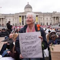 Protesters taking part in a demonstration organised by Defend our Juries, in support of Palestine Action in Trafalgar Square, London, October 4, 2025