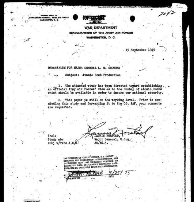 (Alex Wellerstein, The First Atomic Stockpile Requirements (September 1945)