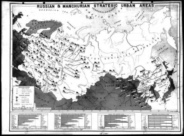 Map of 66 Soviet Urban Strategic Areas to be Bombed with 206 atomic Bombs (Declassified September 1945)