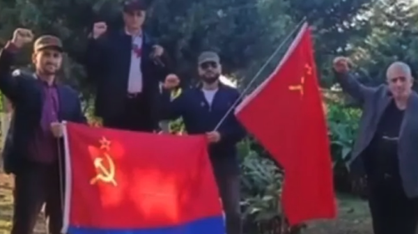 The four defendants in the Baku anti-communist case, as seen in a screengrab from videos circulating on social media.