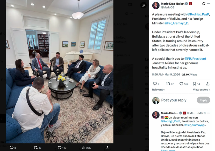 Fernando Cerimedo puede verse sentado en el extremo derecho, junto al presidente de Bolivia, Rodrigo Paz, y el congresista de Florida, Mario Díaz-Balart.