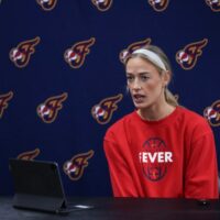 Sophie Cunningham of the Indiana Fever speaks during a press conference before a game against the Portland Fire at Moda Center.