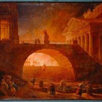 "The Fire of Rome" by Hubert Robert (1785) depicts the Great Fire of Rome of 64 AD during Emperor Nero's reign. It’s said that Nero fiddled while Rome burned. Others have argued he actually started the fire, so that he could rebuild the city to his liking.