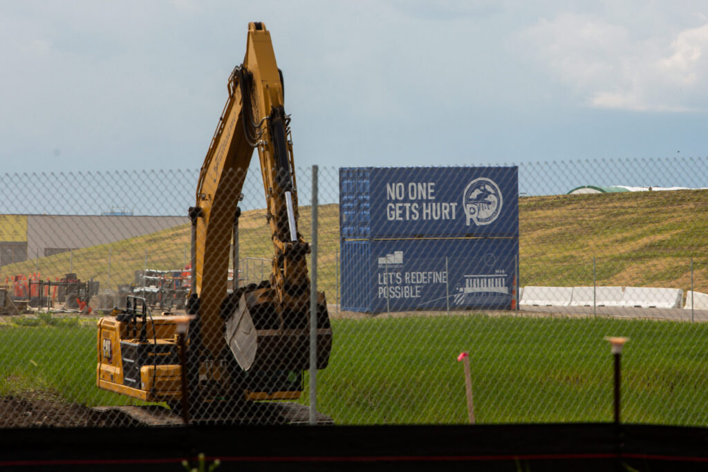 This photo shows construction on the sprawling Rosemount Data Center on land bought by Meta near Dakota County Technical College, shown Thursday, May 29, 2025. The city could collect $20 million in property taxes from the project over 20 years. (Photo by Nicole Neri/Minnesota Reformer)