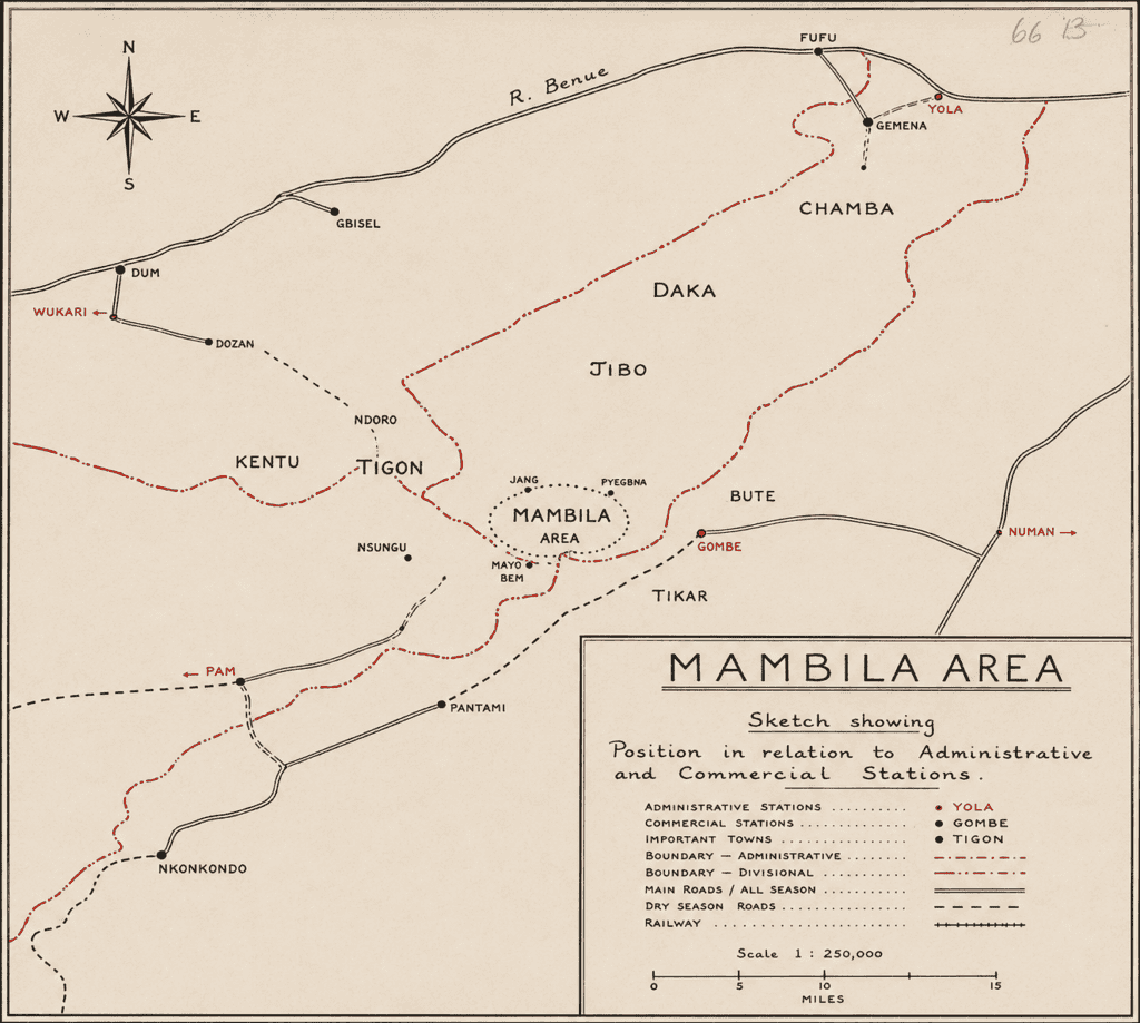 A colonial base map of the Mambila Area reproduced from Nigerian National Archives, Kaduna Yola Prof. 2303 (copy in Nigerian National Archives, Kaduna)