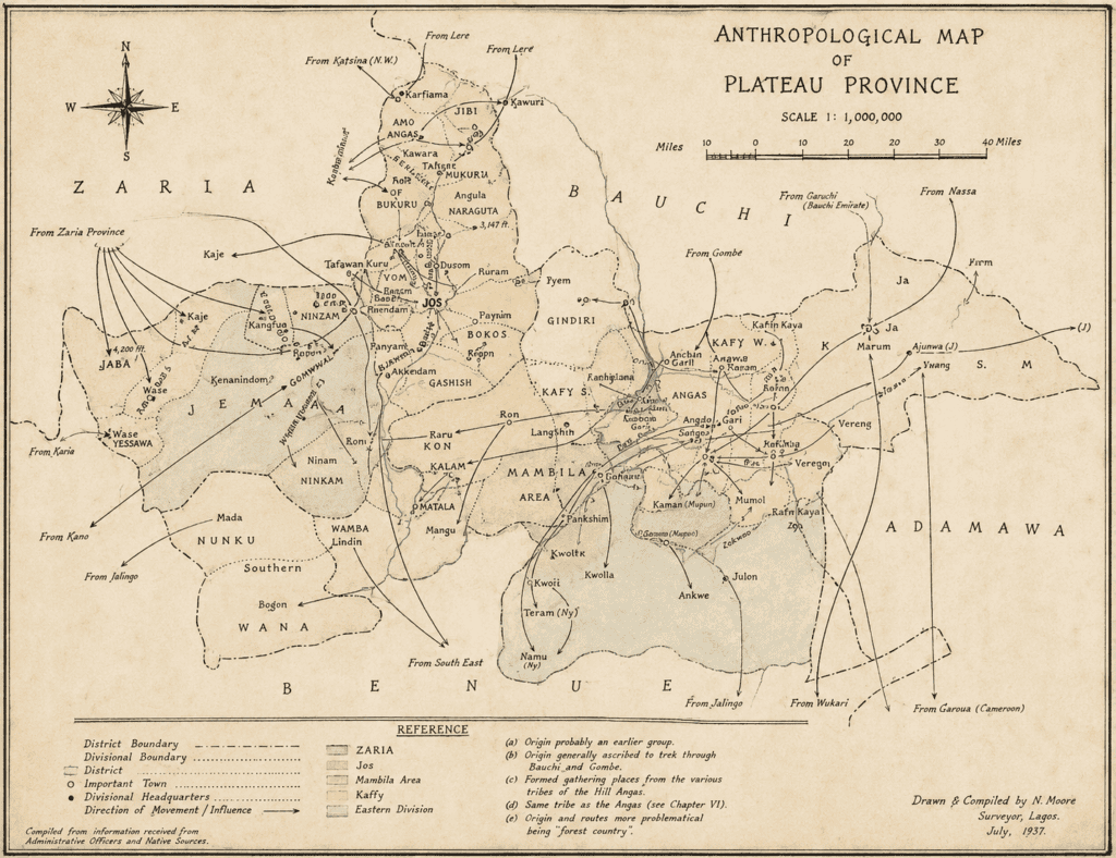 An anthropological base map of Plateau Province reproduced from C.G. Ames, The Gazetteers of Plateau Province, 1932 (Copy in Nigerian National Archives, Kaduna)