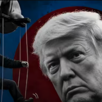 Argentinian far-right strategist Fernando Cerimedo shown as a marionette controlled by Donald Trump. Illustration: Cubadebate.
