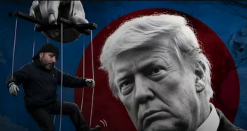 Argentinian far-right strategist Fernando Cerimedo shown as a marionette controlled by Donald Trump. Illustration: Cubadebate.