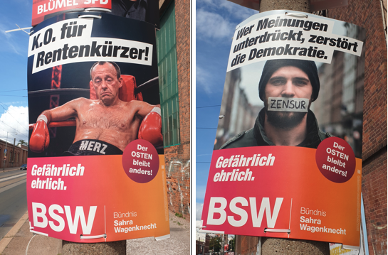 BSW election posters, Magdeburg, August 2026. Left: ‘Knock out the pension pinchers’; right: ‘If you suppress opinions you destroy democracy’. Photos: Robert Dale