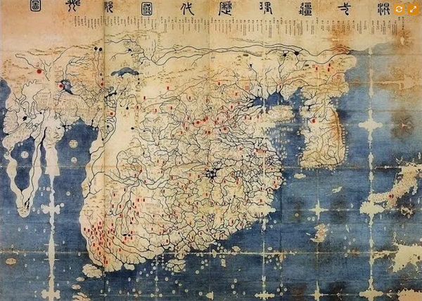 The Gangnido Map (Honil Kangni Yoktae Kukto Chi To), a historic 1402 Korean world map (shown here in the c. 1470 Ryūkoku copy), depicting a Sino-centric worldview with a massively enlarged China and Korea, alongside early East Asian renderings of Africa, Europe, and the Middle East on its western periphery. Visible in this reproduction, the sprawling parchment layout starkly centres on the massive, highly detailed landmasses of East Asia, dwarfing the surrounding regions. Courtesy of Ryūkoku University Library, Kyoto.