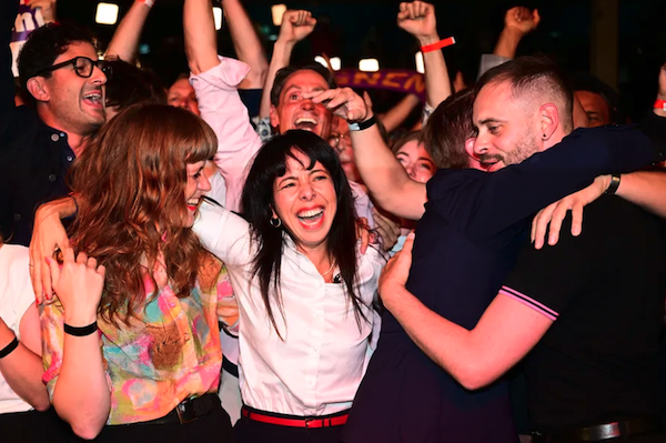 Deputy chair of the Die Linke parliamentary caucus Elif Eralp reacts to the first election projections alongside supporters and party members at an election in Berlin, September 20, 2026