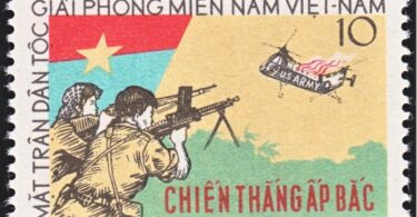 A Vietnamese stamp depicting two Vietnamese resistance fighters shooting down a US Army helicopter.