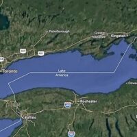 Google Maps acts as a propaganda outlet for Trump, replacing Lake Ontario with “Lake America” and helping legitimize a colonial claim by putting it on the map. Screenshot of Google’s propaganda map.