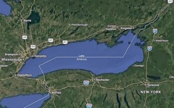 Google Maps acts as a propaganda outlet for Trump, replacing Lake Ontario with “Lake America” and helping legitimize a colonial claim by putting it on the map. Screenshot of Google’s propaganda map.