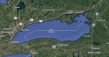 Google Maps acts as a propaganda outlet for Trump, replacing Lake Ontario with “Lake America” and helping legitimize a colonial claim by putting it on the map. Screenshot of Google’s propaganda map.