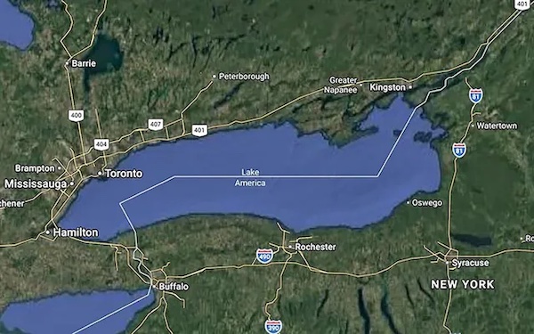 Google Maps acts as a propaganda outlet for Trump, replacing Lake Ontario with “Lake America” and helping legitimize a colonial claim by putting it on the map. Screenshot of Google’s propaganda map.