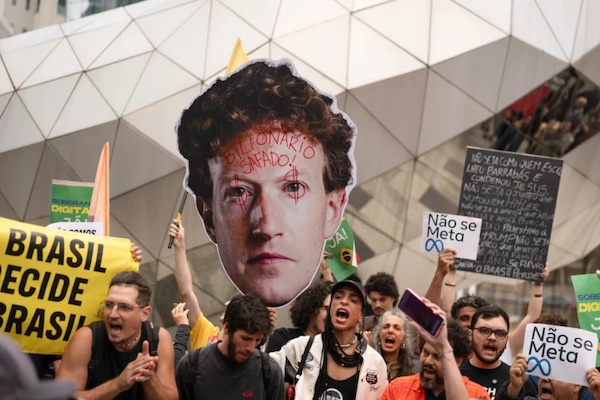 Demonstrators gather outside Meta’s offices in São Paulo to protest alleged electoral interference as Brazil’s electoral court demands equal treatment of presidential campaigns. Photo: EFE