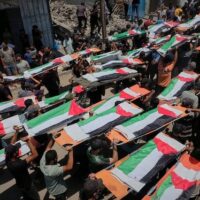 The funeral procession for members of the Hassayna and Abu Sharia families, who were killed in an Israeli strike in 2023 and whose remains were only recently recovered from the rubble, Gaza City, 4 August 2026 CREDIT: AP
