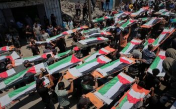 The funeral procession for members of the Hassayna and Abu Sharia families, who were killed in an Israeli strike in 2023 and whose remains were only recently recovered from the rubble, Gaza City, 4 August 2026 CREDIT: AP