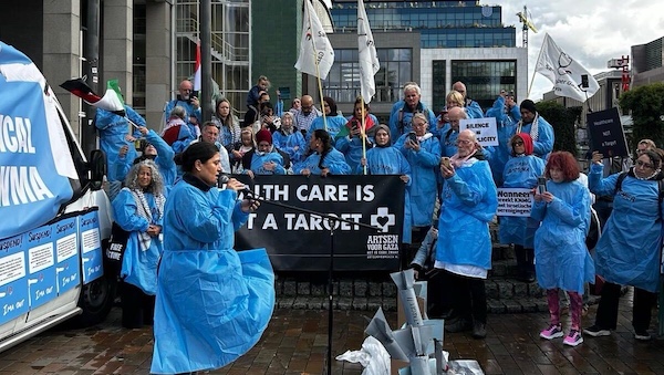 Health workers during actions near the World Medical Association (WMA) General Assembly, calling for the suspension of the Israeli Medical Association (IMA). Source: IMA Out!