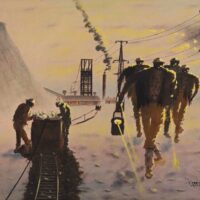 John Moenakeefe Mohl (South Africa), Miners at Sunset, Some On, Some Off Duty, near Carletonville, c. 1970–1975.