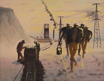John Moenakeefe Mohl (South Africa), Miners at Sunset, Some On, Some Off Duty, near Carletonville, c. 1970–1975.