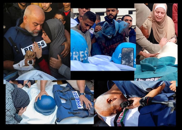 A composite image via the CPJ website featuring some of the journalists killed from October 2023 to early January 2024: Clockwise from top left: Hamza Al-Dahdouh, mourned by his father, Al Jazeera’s Wael Al-Dahdouh, Mohammed Sobh and Saeed Al-Taweel, Hassouneh Salim and Sari Mansour, Mohammed Abu Hatab, and Al-Jazeera’s Samer Abu Daqqa.