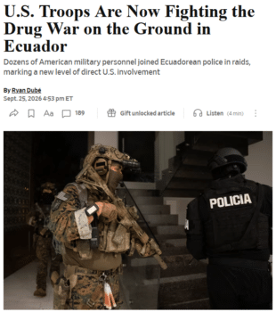 El titular del Wall Street Journal (25/9/26) llamó a los militares estadounidenses que llevaban a cabo asesinatos en Ecuador “luchando la guerra contra las drogas en el terreno”..”