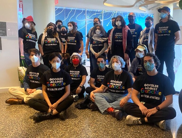 Google workers stage a sit-in against Project Nimbus in April 2024. Google called police on protesting employees and fired dozens of workers during the campaign against its military technology contracts.