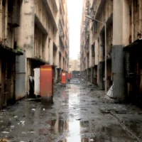 A damp alleyway between two tall, dilapidated apartment buildings.