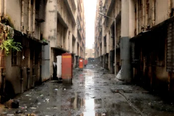 A damp alleyway between two tall, dilapidated apartment buildings.