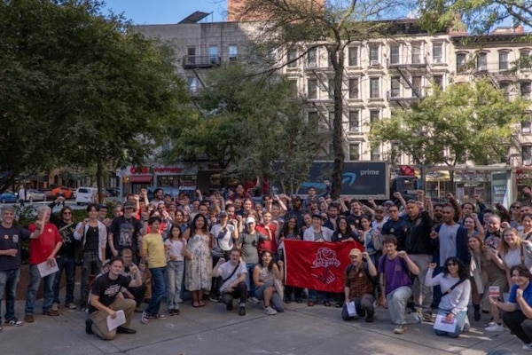 Members of the New York City Labor Working Group and Teamsters Local 804 joined Amazon delivery drivers on October 3 for a mass canvas in the Upper East Side district of City Council Speaker Julie Menin. (Photo credit:
