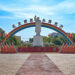 A view of Nanjie village. A statue of Mao is flanked by portraits of Marx and Lenin.